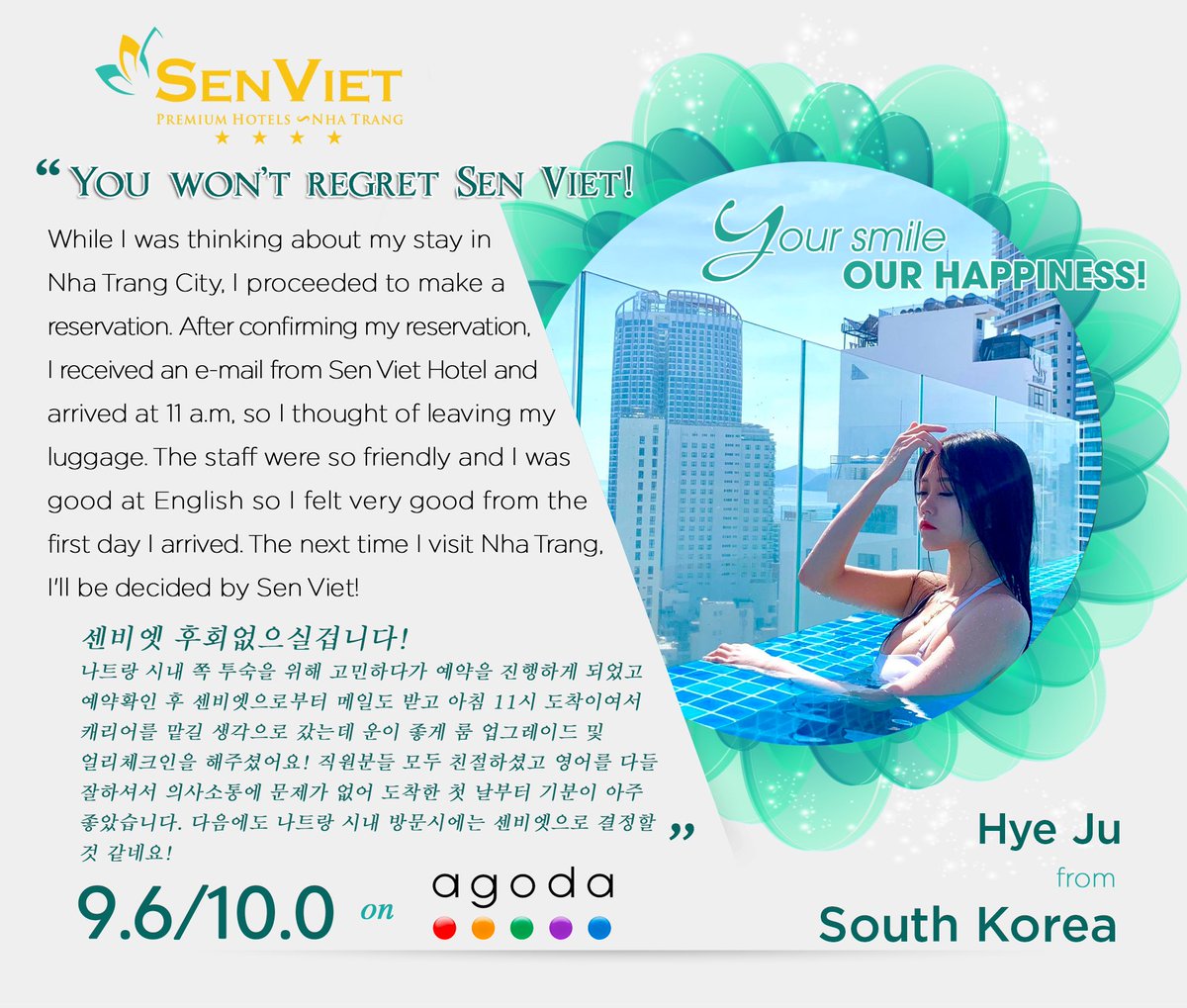 PremiumSen's tweet photo. 💐💐💐Thank you so much Ms. Hye Ju for booking our hotel on Agoda and taking time to send us your positive review https://t.co/lPEUGzDCN8