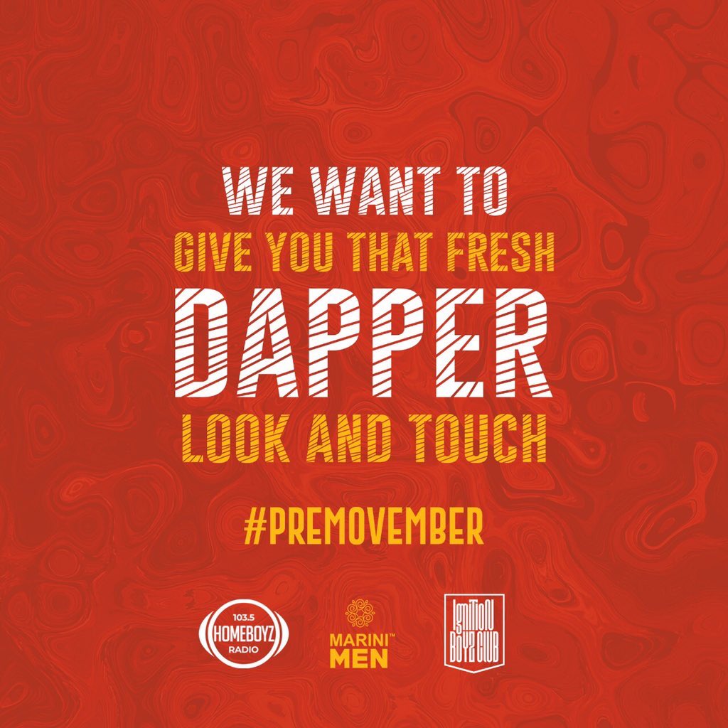 HomeboyzRadio's tweet photo. This October, we are giving one lucky member of the OfficialBoyz Club a makeover in partnership with Marini Men
Nominate & post a pic of your boy who urgently it & ignition boyz club & Marini Men watamsaidia kupiga look Use the hashtag #PreMovember #MariniMen #IgnitionBoyzClub https://t.co/WZ1xonZG8j