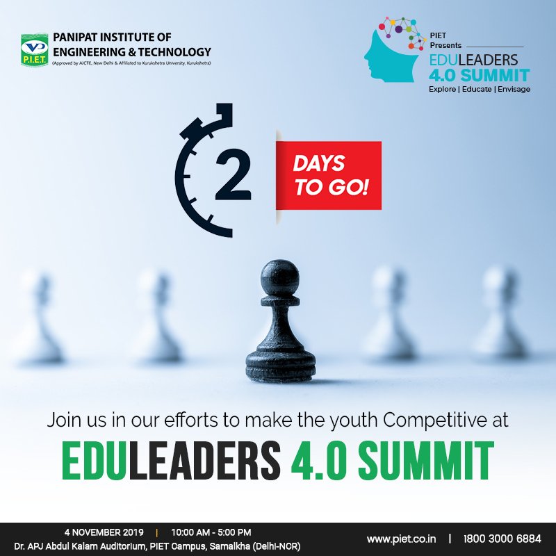 PIETPanipat's tweet photo. The stage is all set to encourage the ideas for youth development.
Only 2 days to go for EDULeaders 4.0 Summit.  

Register now at https://t.co/zVkq5FrWp1   

Visit https://t.co/XCYaDZANvq to know more about the summit.
#EduLeadersSummit #HigherED #Cybersecurity #AI #BlockChain https://t.co/e1cvseQCau