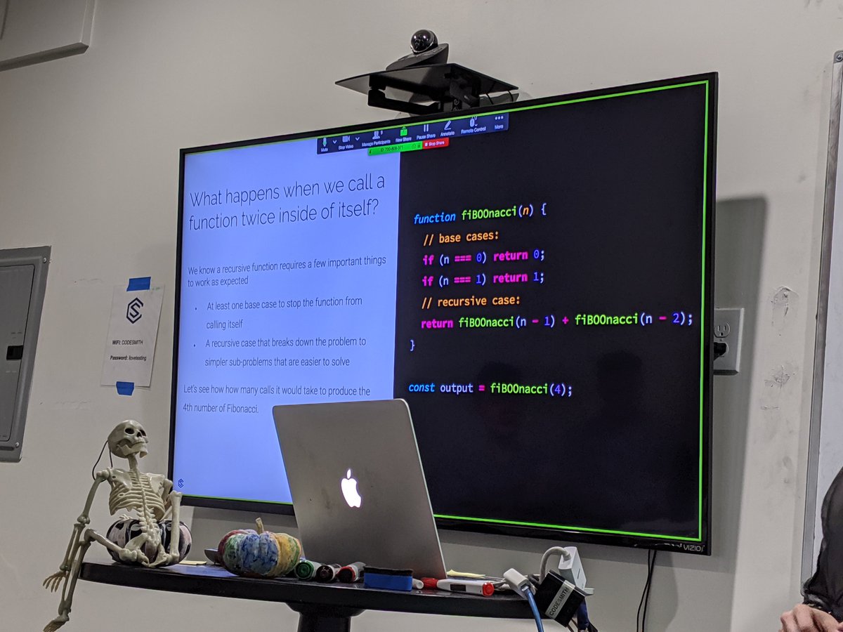 natactually_'s tweet image. Spooky #recursion at @codesmith_! Plus a grand ol&apos; time with some of my favorite engineeers 😍 Happy Halloween, everybody! 

#javascript #codesmith #Fibonacci #Engineering