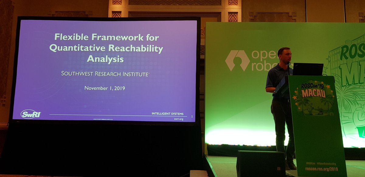 ThiloZimmermann's tweet photo. Now on stage is
#MichaelRipperger (@SwRI/ @ROSIndustrial) talking about
Flexible Framework for Quantitative Reachability Analysis
explaining why #Kinematic reachability analysis plays a major role in design of any robotic system, showing lots of examples & solution REACH.
#ROSCon https://t.co/vDO0WptW3I