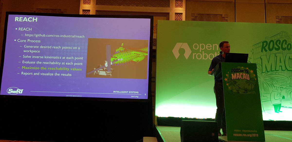 ThiloZimmermann's tweet photo. Now on stage is
#MichaelRipperger (@SwRI/ @ROSIndustrial) talking about
Flexible Framework for Quantitative Reachability Analysis
explaining why #Kinematic reachability analysis plays a major role in design of any robotic system, showing lots of examples & solution REACH.
#ROSCon https://t.co/vDO0WptW3I