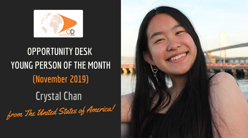 OpportunityDesk's tweet photo. Welcome to November!

Crystal Chan from the United States is OD Young Person of the Month!

Crystal is a student activist and Founder of SPACE 4 US, a community organization that empowers underprivileged youth to pursue meaningful careers.

Read: https://t.co/kpmepPRRuH #ODYPOM https://t.co/Qj0QaDsGO8