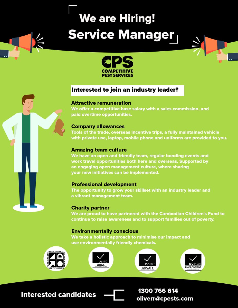 CompPestService's tweet photo. 📢📢 WE ARE HIRING....!!🗣🗣
Post: Service Manager
Experience: 2 year’s minimum experience managing a team of 5 or more.
#servicemanager #hiring #Jobposting #jobinsydney #CompetitivePestServices #Australia #pestcontrol
Call 1300 766 614
Please send your CVs: oliverr@cpests.com https://t.co/60otmf9g0b