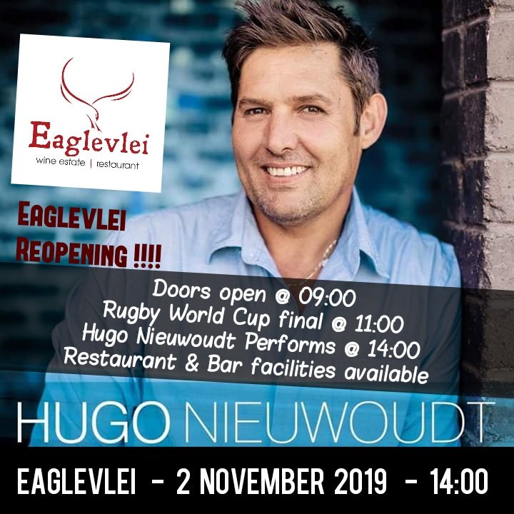 Reopening van Eaglevlei Saterdag 2 November 2019.. World Cup final op grootskerm. Kom eet iets lekker en kuier saam en ek maak musiek vanaf 14h00. Sien jou daar 😄
