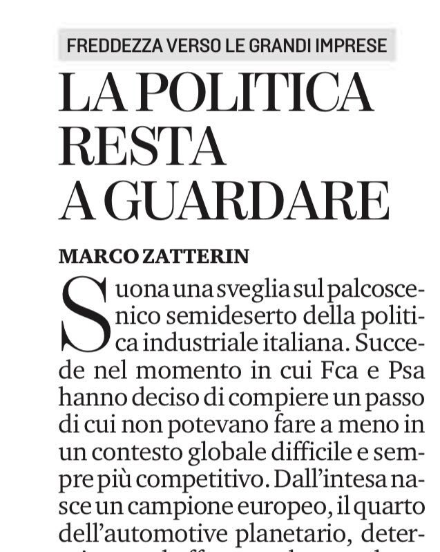 Accordo #Fca #Psa strategico per l’Europa ma la politica nostrana resta a guardare: una sveglia suona sul palcoscenico semideserto della politica industriale italiana.  <a href="/straneuropa/">Marco Zatterin</a> come sempre non le manda a dire 👌🏻<a href="/LaStampa/">La Stampa</a>