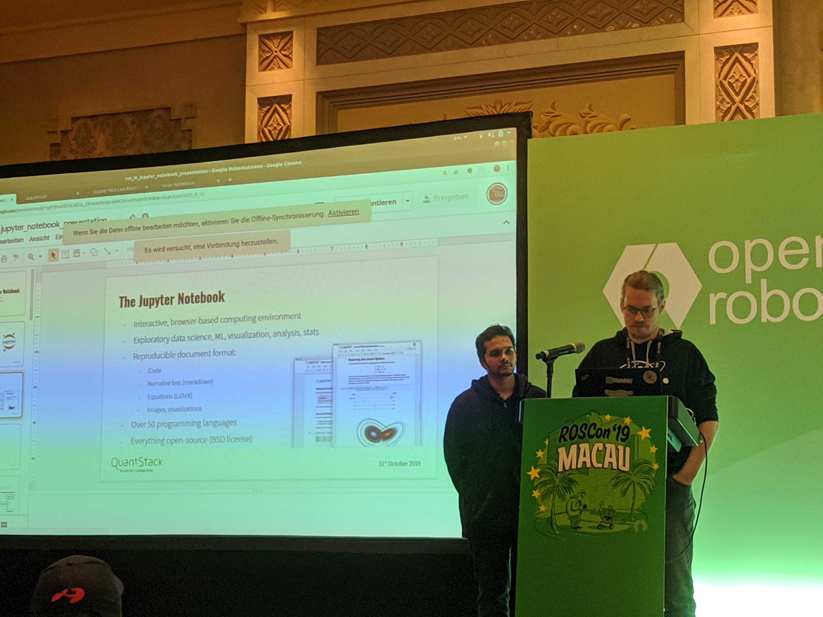 rapyuta_ja's tweet image. #ROSCON19 マカオ初日では、@wuoulf と @seadeep24 のJupyter Notebook についての講演が大反響でした！
#ROS #ROSCon
Jupyter Notebookのソース関連リンク：
bit.ly/jupyter-amphion
bit.ly/jupyterlab-zet…
bit.ly/jupyter-ros
