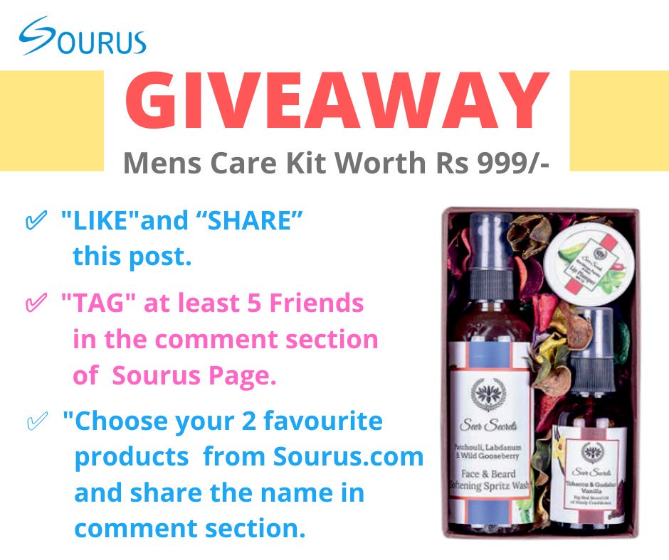We have started 3rd GIVEAWAY on our FACEBOOK page Sourus. Click the link to participate in the Giveaway
facebook.com/Sourus.India/

#giveawaygoodies #festivegifting #festivegifts #indiangiveaway #goodforyourskin #nourishyourskin #giveawayindia #luxuryproducts #beardwash