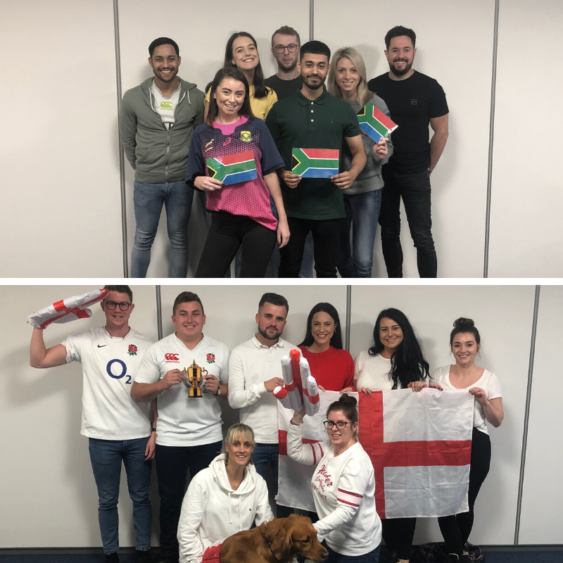 AlexanderLloyd1's tweet photo. With the Rugby World Cup only hours away, we’ve decided to run a competition in the office!

The big question is, who’s your favourite to win tomorrow? 

#RugbyWorldCup #SouthAfrica #England #Recruitment #OfficeDog https://t.co/vkcYKlpqjJ