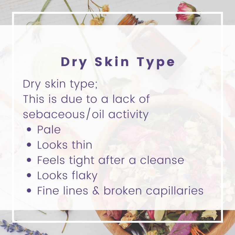 The next skin type is dry skin which is characterised by a lack of sebum or lipids. Dry skin frequently feels tight and rough and looks dull.