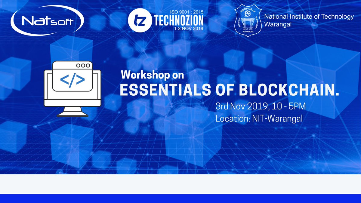 NatsoftCorp's tweet photo. Join our Blockchain Team at NIT-Warangal on 3rd Nov to understand "Essentials of Blockchain". Register @ https://t.co/VZNAFOHdGO Hurry up! Two days to go.
#Natsoft #technozion #NITwarangal #blockchain
#blockchaintechnology #worksop #blockchainsolutions https://t.co/kJWDUhjMh1