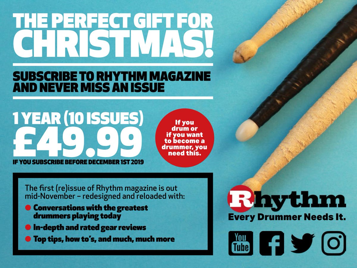 RhythmMagazine's tweet photo. Rhythm magazine is offering a special November-only subscription rate: https://t.co/BzdJ3Es2aB
£49.99 (UK delivery) for 1 year (10 issues) delivered to your door and packed with:
🥁Fantastic interviews
🥁Tuition from our team of experts
🥁In-depth gear reviews
#RhythmReturns https://t.co/N2FiEYW6Ht