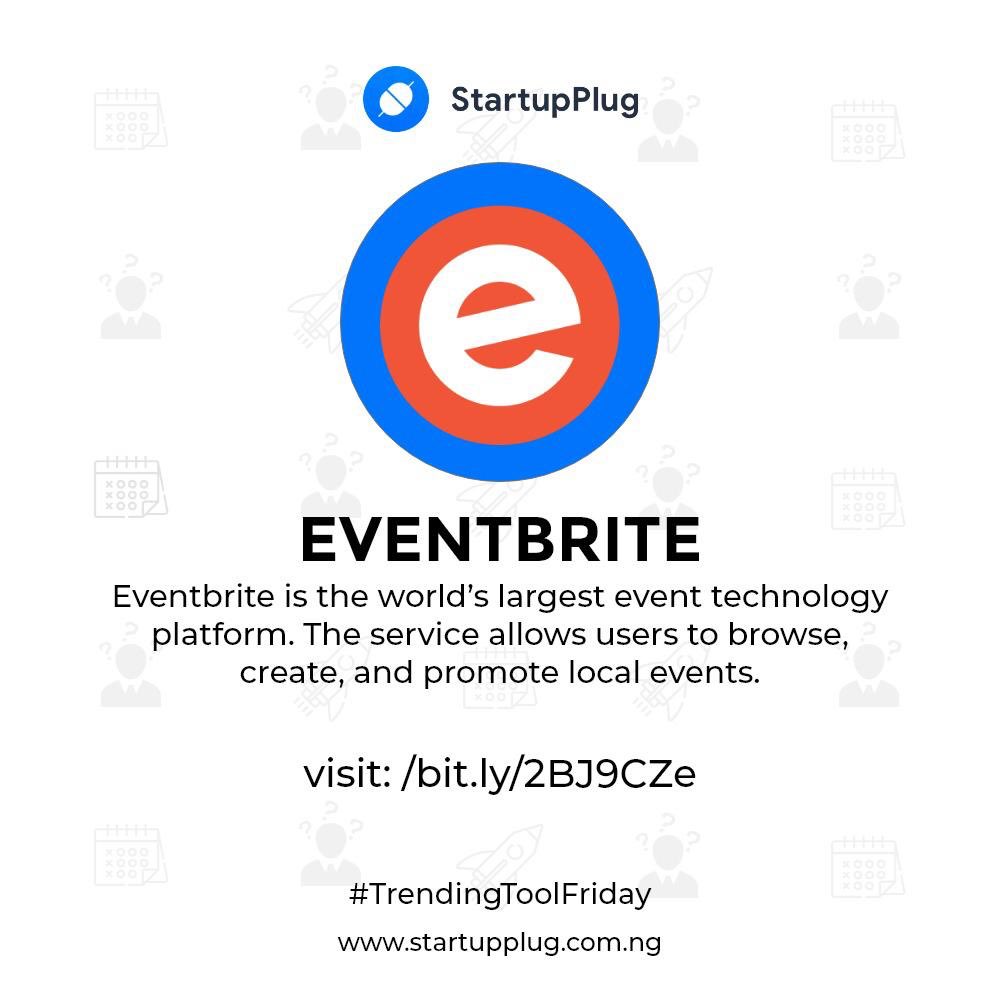 thestartupplug's tweet photo. Eventbrite is the world’s largest event technology  platform. The service allows users to browse,  create, and promote local events.
#startupplug #startup #startups #business #entrepreneur #creatives  #trendingtoolfriday #FridayThoughts https://t.co/DzyMjWr01d
