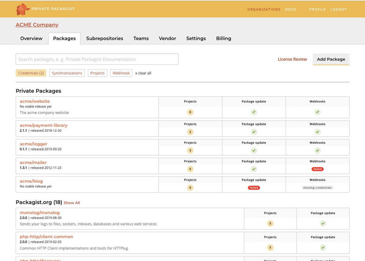packagist's tweet image. We deployed a new version of the packages list to Private Packagist with more detailed information and filtering! Looking forward to your feedback and suggestions for how to improve this further #composerphp #php