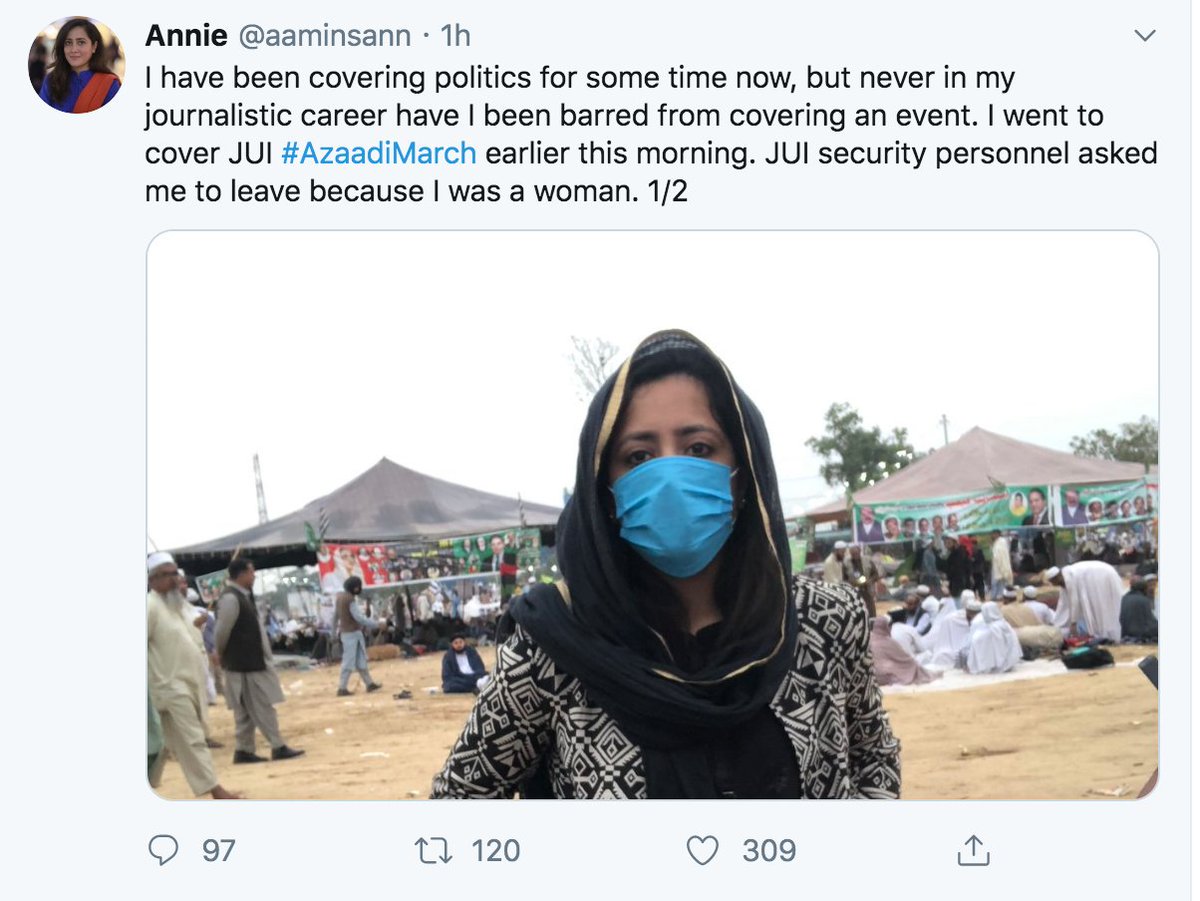 AmberRShamsi's tweet photo. Absolutely condemnable what my two colleagues had to face at the Azadi March and JUI-F's exclusion of women as well. A thread. 1/6 #Azadi_March #femalereporters https://t.co/0E8StqqOQc