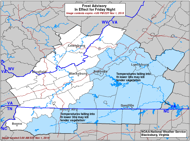 5:00AM - A Wind Advisory remains in effect until Noon for wind gusts to 50MPH especially on the hilltops. 

A Frost Advisory has been issued for tonight east of the Blue Ridge. Temperatures tumble into the lower 30s by daybreak Saturday. Tender vegetation may be killed.