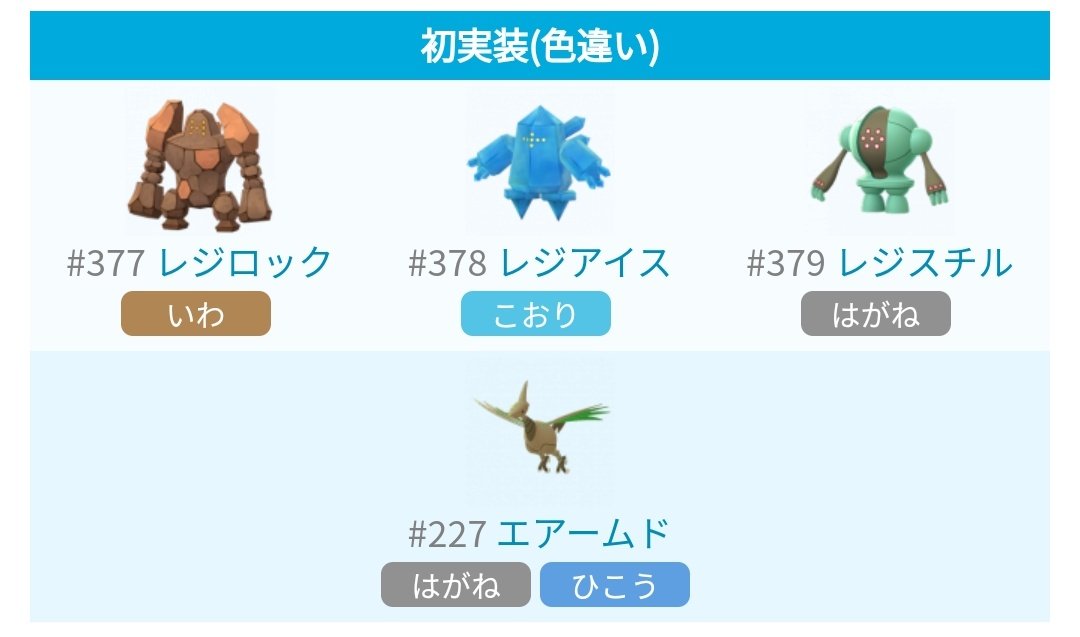 ポケモンgo攻略 みんポケ Na Tviteru 3日間限定 レジ系3種復刻 開催期間 11月2日5 00 11月5日5 00 開催内容 レジ3種 レジロック レジアイス レジスチル が伝説レイドで復刻 レジ3種 エアームドの色違い実装 一部ポケモンの出現率 孵化率アップ