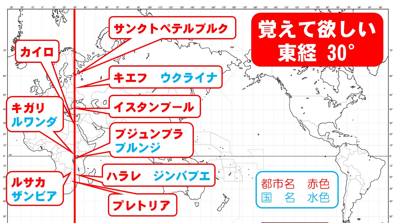 地理おた部 高校地理お助け部 覚えて欲しい東経30 付近の都市を作ってみました 首都名だけでなく 国名 も載せてほしいとの要望がありましたので国名も表記してみました より良い教材作りのためにも 皆様の声は貴重なご意見です ありがとうござい