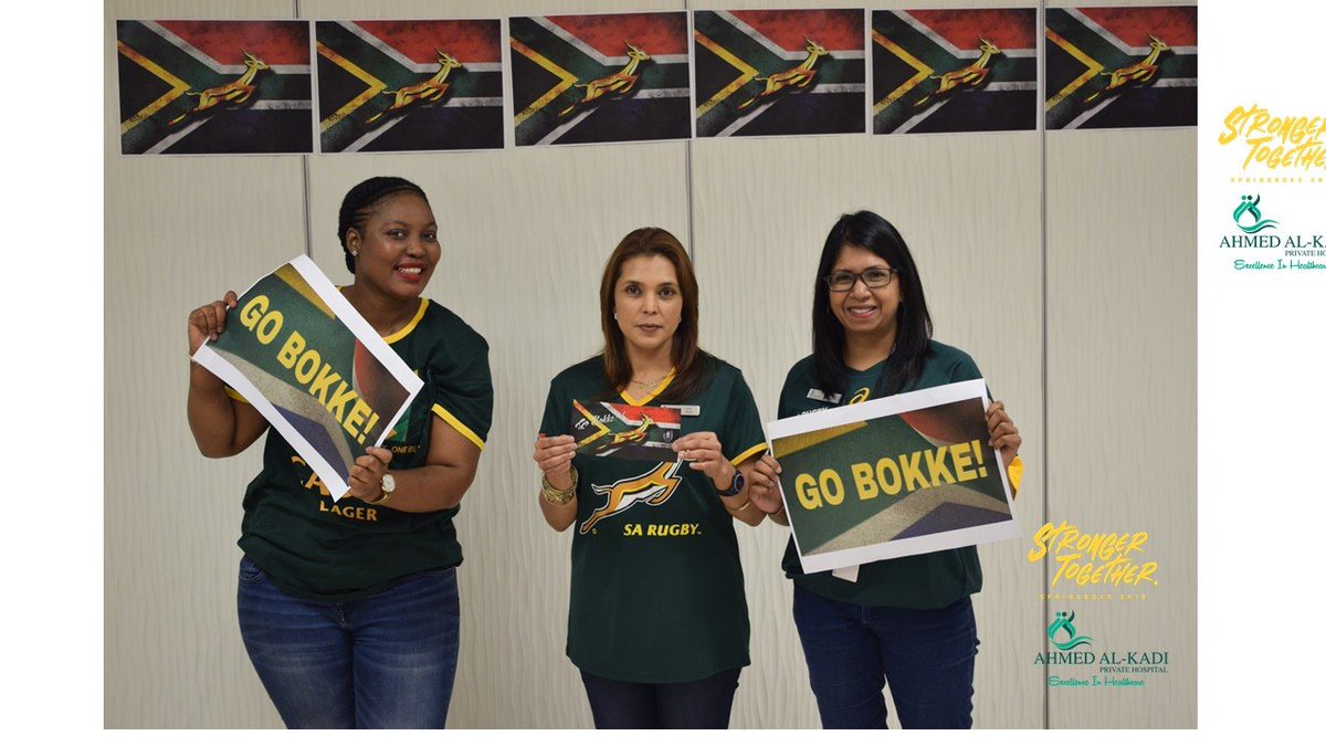 AAKHospital's tweet photo. Bring it back home, Bokke!!! @Springboks 

The AAK Hospital are proud supporters of the Springbok Rugby Team. We would like to take this opportunity and wish the Springboks all the best for the final match tomorrow.

#StrongerTogether
#SpringBokSupporter
#RugbyWorldCup
#Bokke https://t.co/W9UUykYsHF