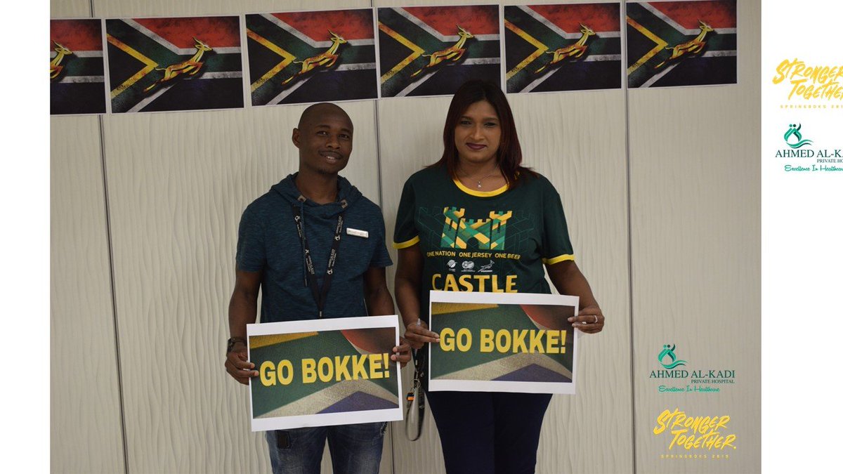 AAKHospital's tweet photo. Bring it back home, Bokke!!! @Springboks 

The AAK Hospital are proud supporters of the Springbok Rugby Team. We would like to take this opportunity and wish the Springboks all the best for the final match tomorrow.

#StrongerTogether
#SpringBokSupporter
#RugbyWorldCup
#Bokke https://t.co/W9UUykYsHF