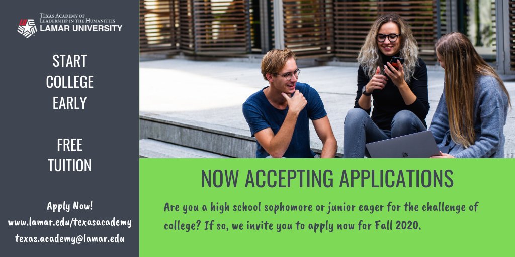 LUTALH's tweet photo. START COLLEGE EARLY - Texas high school gifted and talented sophomores and juniors are invited to apply now for Fall 2020. https://t.co/1wkaI8KGXb https://t.co/tmjYaXqCzB