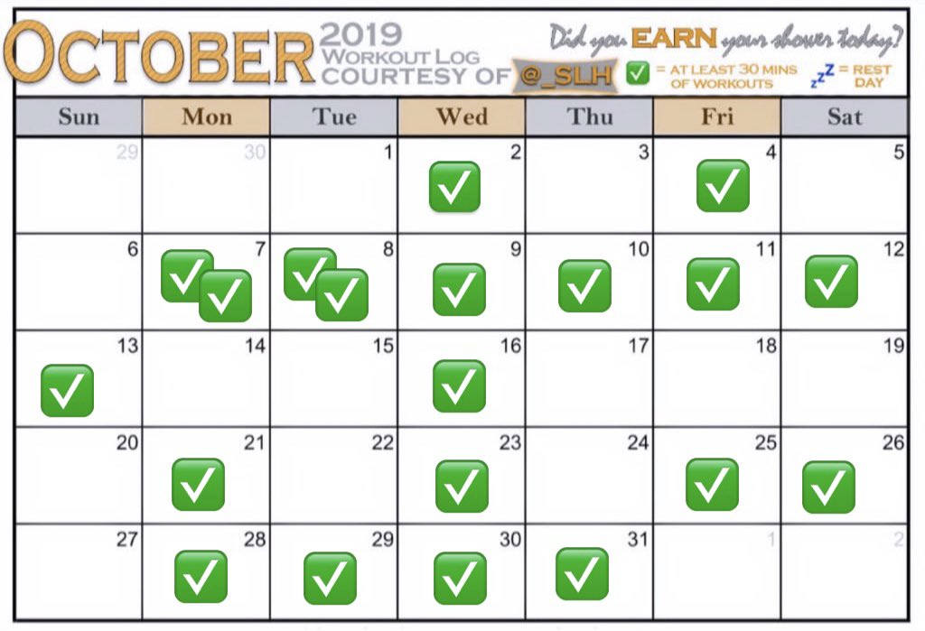 Pretty proud of myself of the amount of times I worked out in October. Next Months goal is to lower the amount of days I don’t work out from 12  10 #StayActive