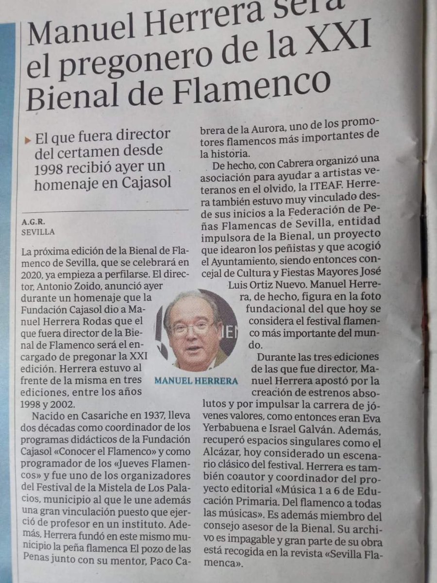 Mi amigo Manuel Herrera lleva el flamenco en vena.
Uno de sus mayores especialistas, una vez más reconocido.
Felicidades.
#Flamenco
<a href="/CADFlamenco/">C.Andal.Doc.Flamenco</a>
Y patrono de la <a href="/FundBlasInfante/">Fundación Blas Infante</a> que se olvida en el perfil de <a href="/abcdesevilla/">ABC de Sevilla</a>
<a href="/CulturaCuenta/">➧ Agencia Andaluza de Instituciones Culturales</a>
<a href="/insflamenco/">Institut Flamenco</a>
<a href="/ArqueoloJondo/">Flamenco: Arqueología de lo Jondo</a>
<a href="/FlamencaOpera/">Carmen Ópera Flamenca</a>