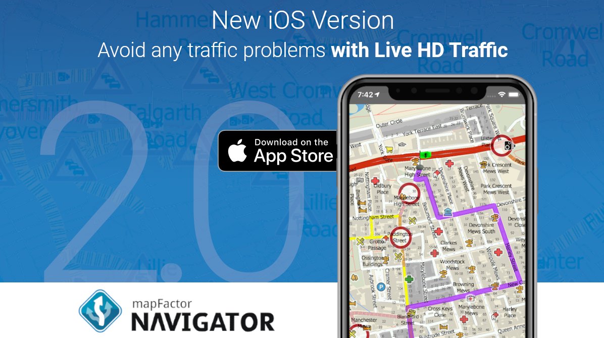 mapfactor's tweet image. Great #news! We have just released #mapfactor Navigator 2.0 for #iOS with Live HD Traffic feature. Avoid any traffic problems. Now also for #iPhones. #gpsnavigation #GPS #navigation #iPhone #app #navigator More details: mapfactor.com/en/about/press…
