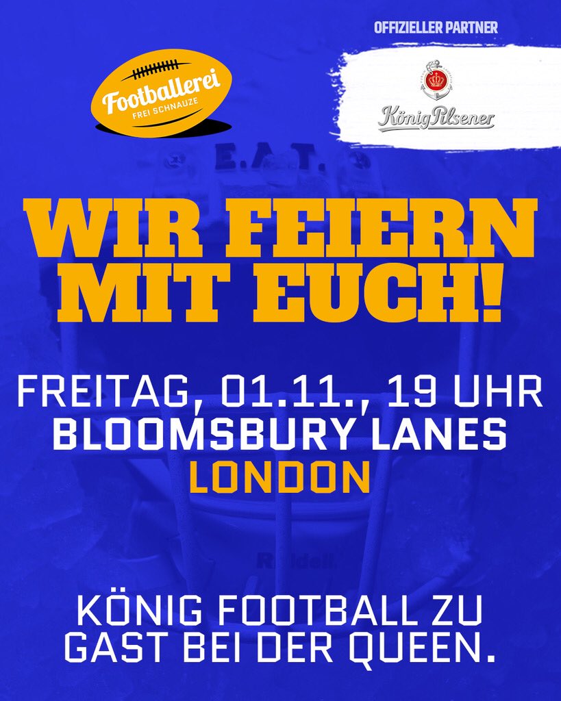 Ihr seid heute auch in London? 🏈🇬🇧
Ihr habt Lust auf ein Bier? 🍻
Ihr wollt mal in echt mit uns quatschen? 🤝
Dann kommt um 19 Uhr ins "Bloomsbury"!

👉🏻 bloomsburylive.com

#königfootball