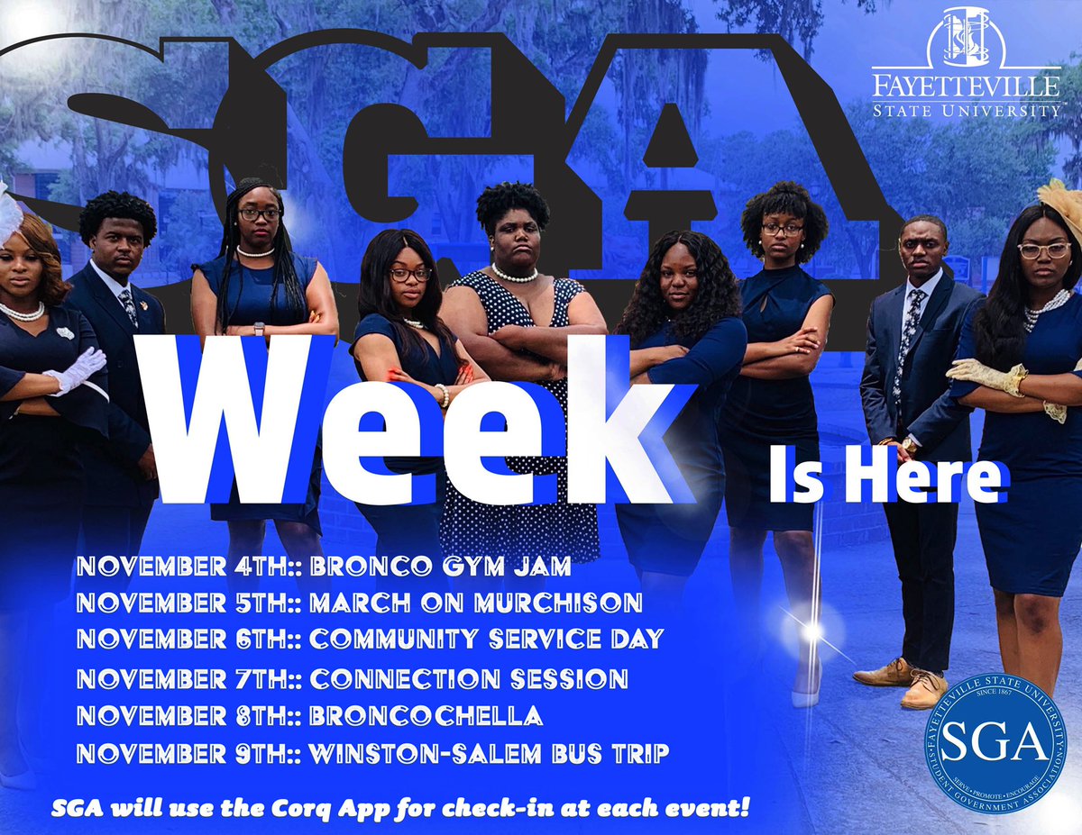 FayStateSGA's tweet photo. The Most Anticipated Week of the Year is Here!!! SGA Week begins on Monday, November 4th. A week of events to bring the Bronco Family together and also to grow our knowledge and potential. Be ready for the week you have all been waiting for... these are some events.... https://t.co/7N5VlLTTHR