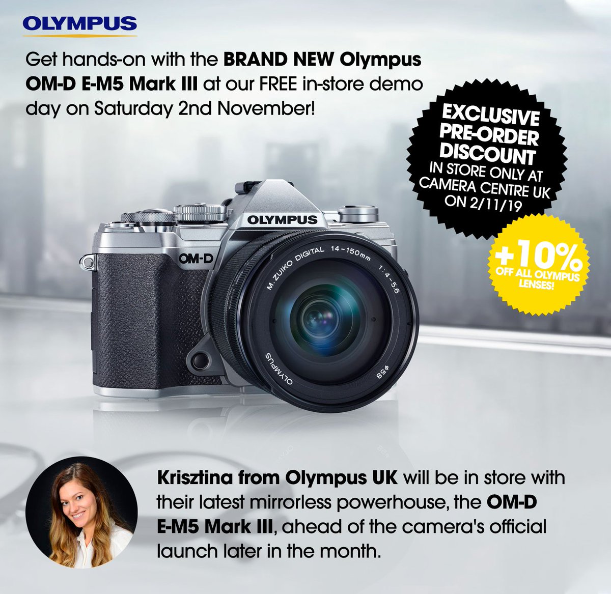 Camera Centre UK (@cameracentreuk) on Twitter photo ⭐ Save £££ with a 1-day exclusive pre-order discount on the E-M5 III only at Camera Centre UK during our free demo day tomorrow! This is on top of the £100 trade-in bonus and FREE battery! Call, email or message for details.
⭐ PLUS get 10% off all <a href="/OlympusUK/">OM Digital Solutions</a> lenses in store! ⭐ Save £££ with a 1-day exclusive pre-order discount on the E-M5 III only at Camera Centre UK during our free demo day tomorrow! This is on top of the £100 trade-in bonus and FREE battery! Call, email or message for details.
⭐ PLUS get 10% off all <a href="/OlympusUK/">OM Digital Solutions</a> lenses in store!
