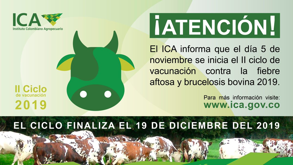 ¡Atención ganaderos!

El próximo 5 de noviembre iniciará el 2do ciclo de vacunación 2019 contra la fiebre aftosa. #ElCampoEsDeTodos

Ver noticia: bit.ly/343dq3P