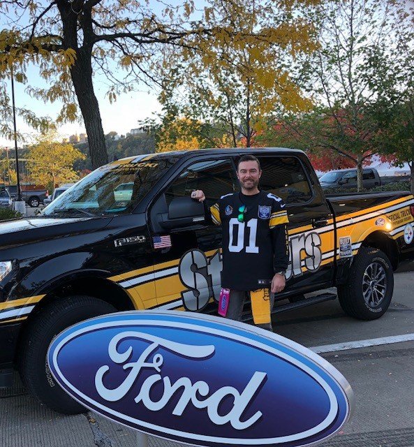 OurFordStore's tweet photo. ๐ค๐๐Pretty sure the guy's blood runs Black & Gold, but POSITIVE he's in the Ford Hall of Fans. Are you the most #BuiltFordTough @steelers Fan since Rick Holman? Meet him at Official #steelers Truck before Sunday's game. Info: https://t.co/lQ2M9jWJWT #FordHallOfFans #FHoFHolman https://t.co/1PQKkUPXdx