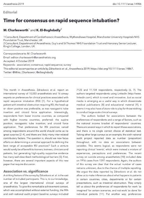 Anaes_Journal's tweet photo. πAn international survey about rapid sequence intubation of 10,003 anaesthetists and 16 airway experts.
πhttps://t.co/7nexPOnH1b
πTime for consensus on rapid sequence intubation?
πhttps://t.co/I4YtAjFFau
#RapidSequence #FOAMed @MZanaesthetist @elboghdadly @Miko_Charleswor https://t.co/GQT7ILquBb