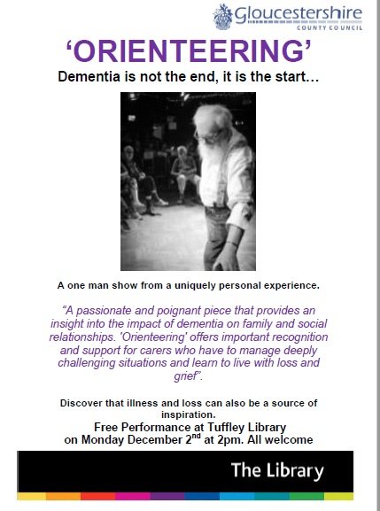 gloslibs's tweet photo. Powerful show coming to Tuffley Library with local storyteller and raconteur Charlie Marwick - 2nd Dec 2pm
 In Orienteering, we explore the real life experiences of a dementia carer, the challenges of caring, the enormity of bereavement.
https://t.co/UU73xd8TnL
#ArtofLibraries https://t.co/A5Sdbu5gjW