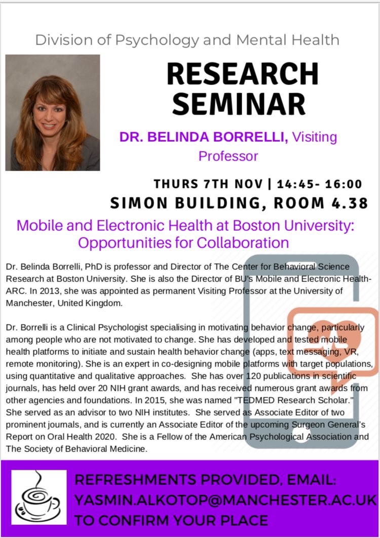 Excited to welcome back our visiting professor Belinda Borrelli for our <a href="/OfficialUoM/">The University of Manchester</a> divisional seminar next week - registration details here. Please join us #mHealth #eHealth <a href="/ManHealthPsych/">MCHP</a> <a href="/UoM_PMH_PGRs/">UoM Psychology & MH PGRs</a> <a href="/PsychManchester/">BSc Psychology UoM</a> @UomHive <a href="/FBMH_UoM/">UoM Biology, Medicine and Health</a>