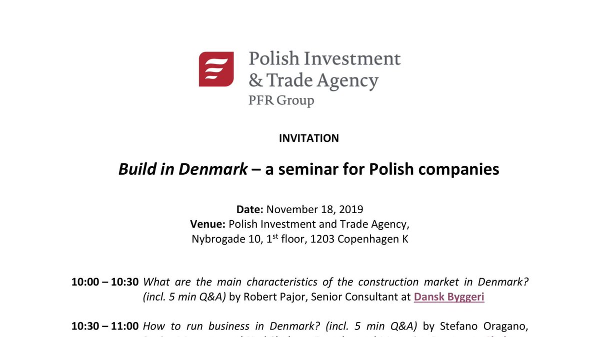 l_szymaszek's tweet photo. I have the pleasure of inviting 🇵🇱 construction companies to the seminar "Build in Denmark" that will be held in the premises of @PAIH_pl🇩🇰 on Nov 18. PM me if you want to join our exclusive side event preceding the #BuildingNetwork Construction Conference https://t.co/ZjpWwaUsl4 https://t.co/l8ijCMVfSg