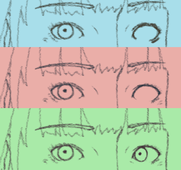 好きな目の描き方
・太い線でボボッと形を描く
・不透明度70%くらいの消しゴムで削って形を整える
・黒目を追加する

マウスじゃなくて筆圧反映されるペン的なアレなら
こんなんしなくても良いんですけどね。。。w 