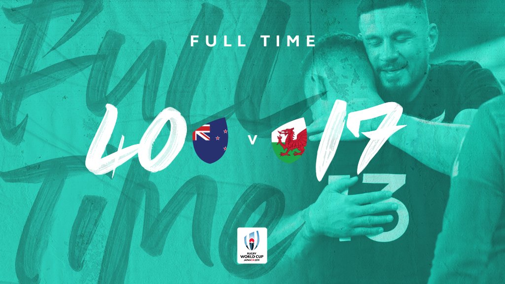 rugbyworldcup's tweet photo. FULL TIME in #RWCTokyo 

@AllBlacks win the Bronze Final to seal 3rd place at #RWC2019

They scored 6 tries this evening to win by a comfortable margin 

#RWC2019 #NZLvWAL https://t.co/npnhOoOONc