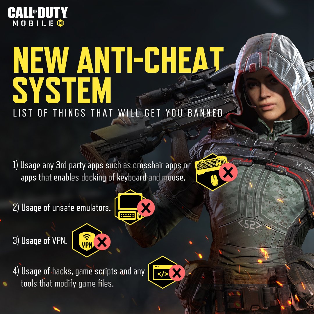 Call of Duty© Mobile -Garena on X: Our new anti-cheating system is in  place.⚠️Here is a list of actions that will get you banned from the game.  😡We are serious about anti-cheating