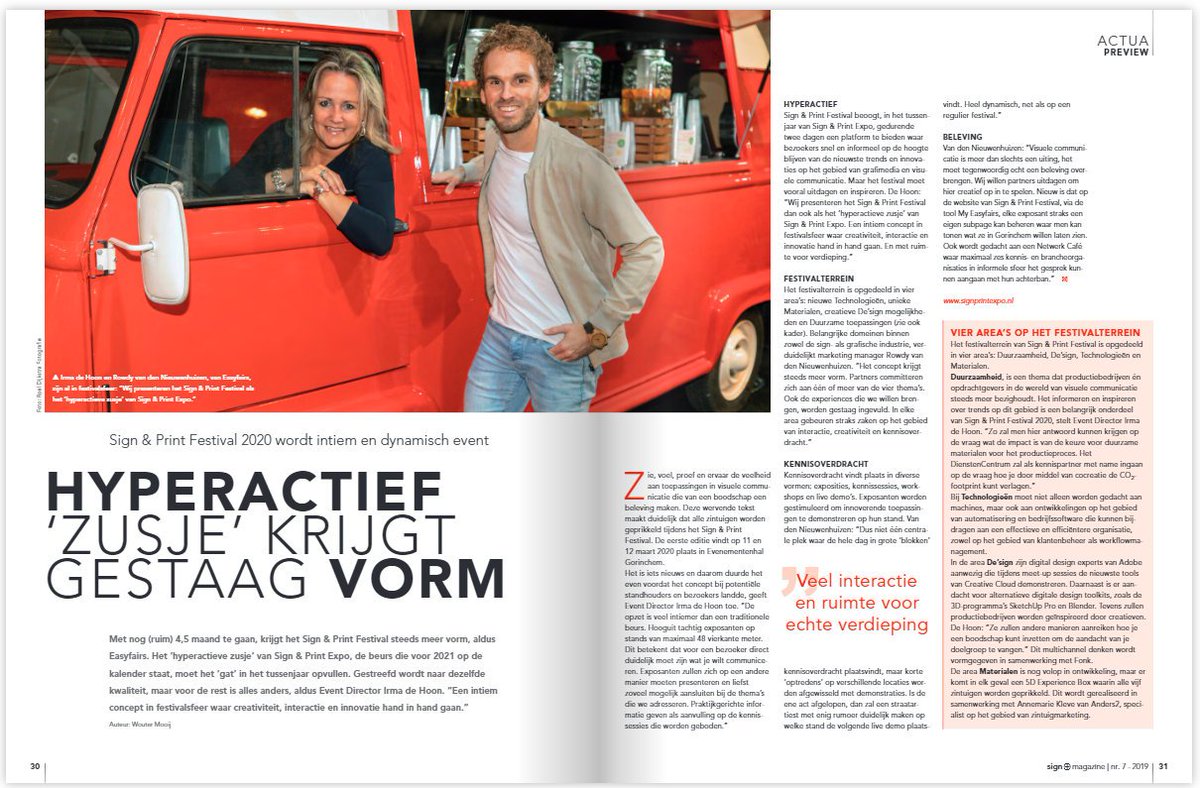 Mediapartner Sign+ publiceert in de nieuwste editie van Sign+ een exclusief interview over de organisatie van het nieuwe ‘hyperactieve zusje’ van Sign &amp; Print Expo. Interview: bit.ly/2C4u0Eh

#signprintfestival #interview #sign #sigining #event #festival #grafimedia
