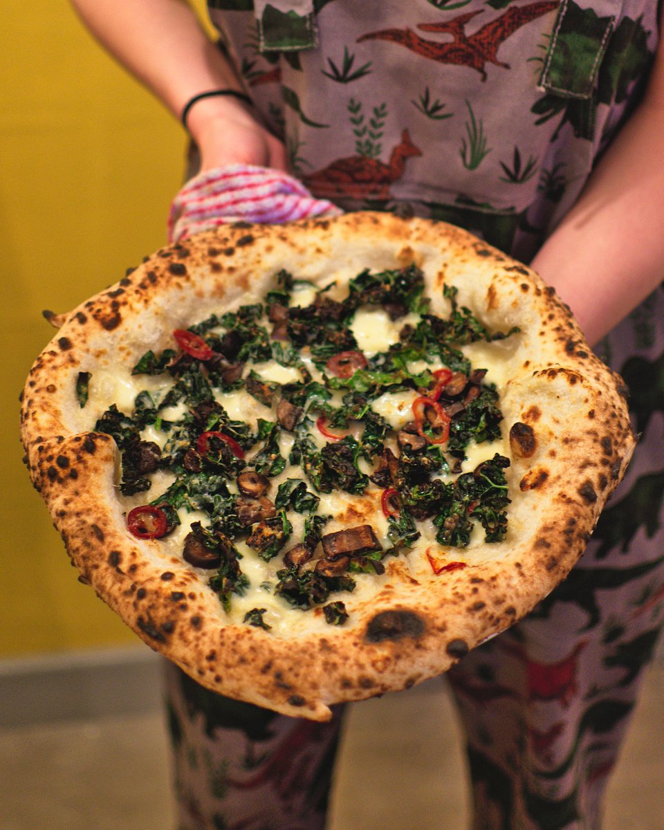 dinosaur kale, roasted chestnut mushrooms, fontina, fior di latte &amp; pickled chillis make our newest pie pretty dang rawrsome - come and grab one before the meteor.. uh, you know.. 😬🦕🌠🔥💀