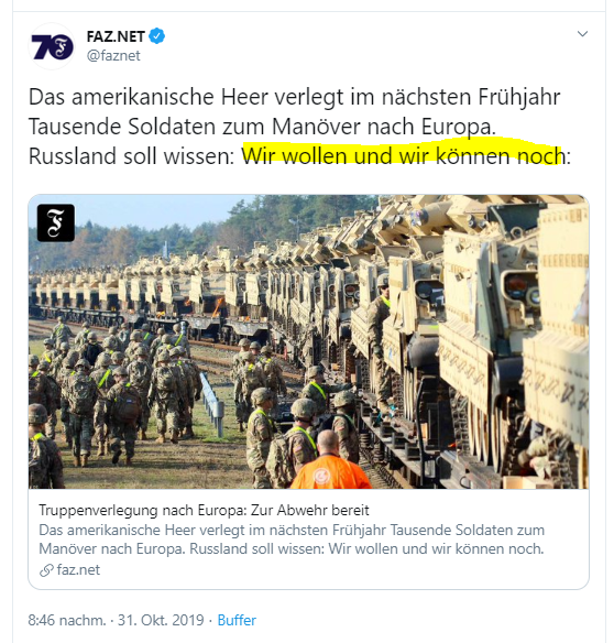 FWarweg's tweet photo. Quod erat demonstrandum: @faznet will + kann noch immer dumpfste Kalte-Kriegs-Propaganda: "Zur Abwehr bereit - #Russland soll wissen: Wir wollen + wir können noch." Das sagt kein US-General sondern #FAZ-Autor Peter Carstens. Und Artikel ist explizit nicht als Meinung deklariert! https://t.co/JBqrV67UPh