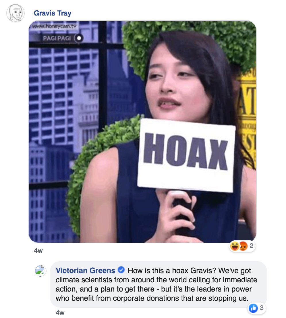 campaignarf's tweet image. Officer 👌🏻, aka Travis Gray, is confirmed alt-right. Here he is trolling the Greens facebook page calling climate change a hoax.

#BlockadeIMARC #IMARC #auspol