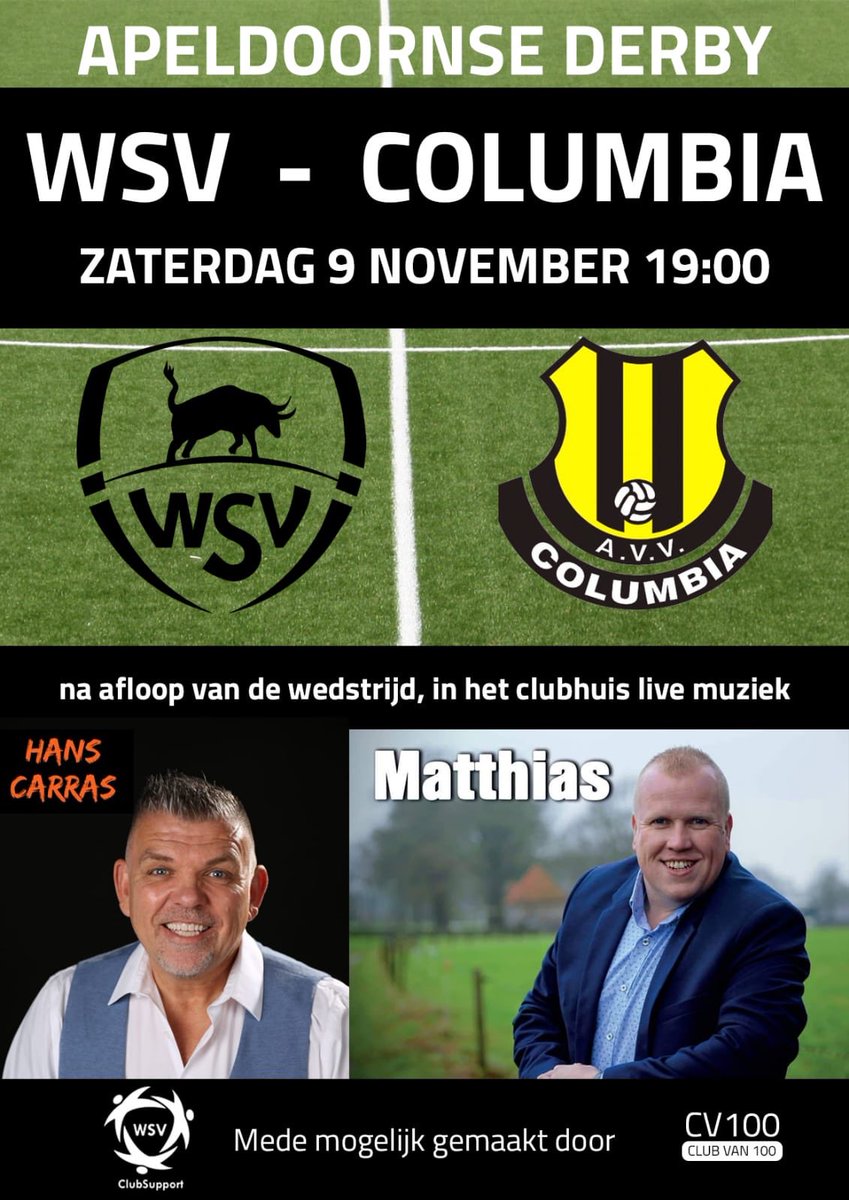 <a href="/wsv_voetbal/">WSV Apeldoorn</a> <a href="/avvColumbia/">a.v.v. Columbia</a>  DE Apeldoornse Derby! #zinin beloofd een mooie zaterdagavond te worden. ⚫️⚪️ wees welkom op sportpark De Voorwaarts.