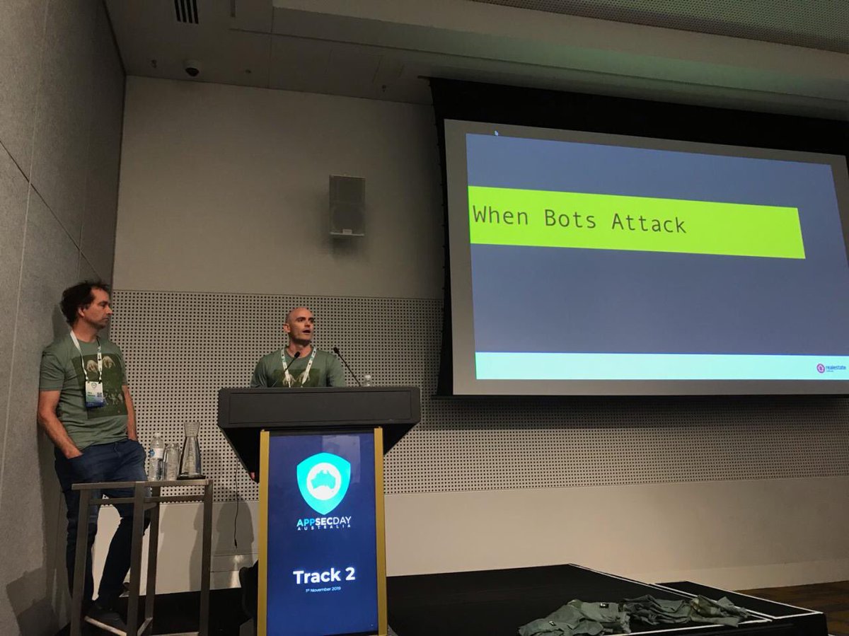 WebsecNick's tweet photo. Shout out to the REA crew who let us showcase the damage that bots can cause across a business!!! #AppSecDay and to @JulianBerton and the @OWASPMelbourne team for putting on an amazing event. Bring on 2020!!!! https://t.co/xP67D3jmA5
