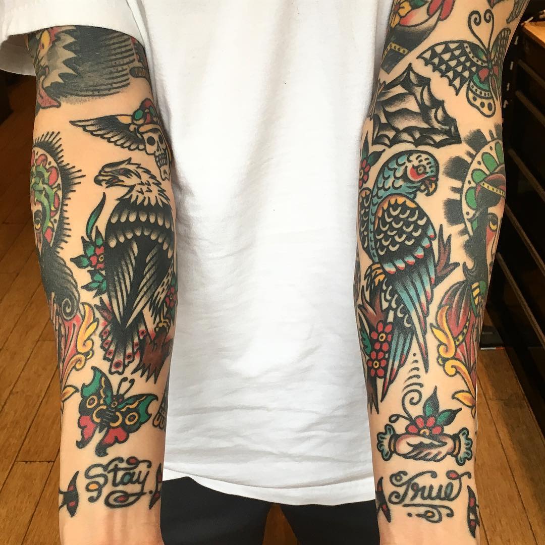 Wings up! Who’s got some #tattoosleeves they wanna show us? We’re into these arms, inked with bird and butterfly #flash by @vladimirbydin on IG.