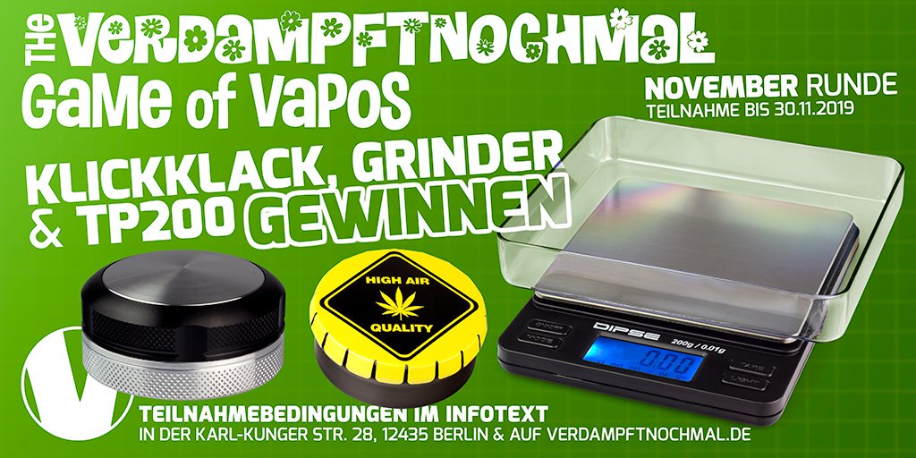 Noooooovember! #GoVapo geht in die vorletzte Runde. Ein Target #Grinder, eine KlickKlack #Dose (Motiv je nach Vorrat)  und eine coole präzise TP200 #Waage. 

Hier geht's zum Spiel bit.ly/GoVapo, und #gewinnen ;)
#dipse #target #klickklack #vaporizer #verdampftnochmal