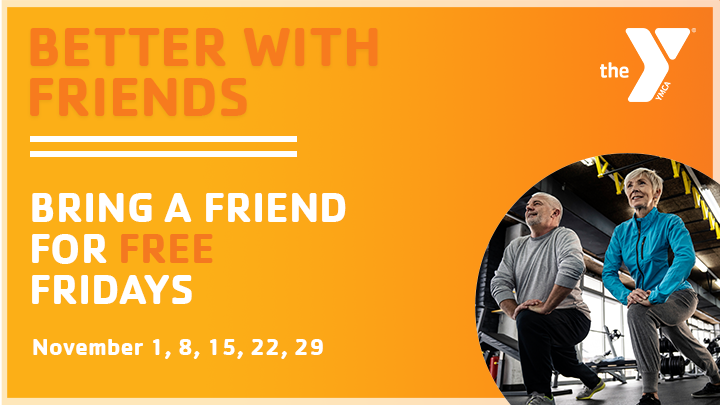 FortMonroeYMCA's tweet photo. Bring a Friend for Free Fridays are here. Every Friday in November bring a friend to work out with you, swim laps, or join a group exercise class for free. Visit the welcome desk with your friend to get started.  #BecauseY #Strongertogether https://t.co/Uykl92gbJc