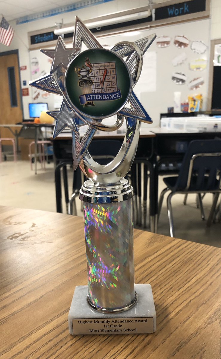 So very proud of my first grade students! They love learning and helped our class win the attendance trophy!!!! @MortElementary
